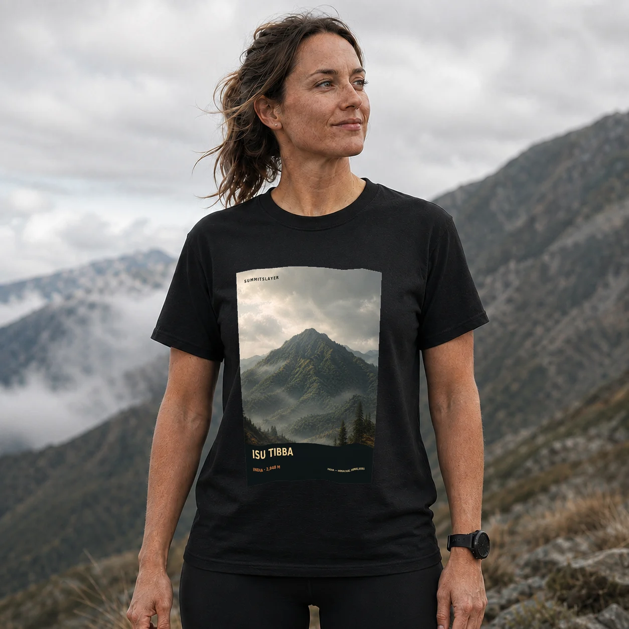 Black Isu Tibba T-shirt front with mountain artwork