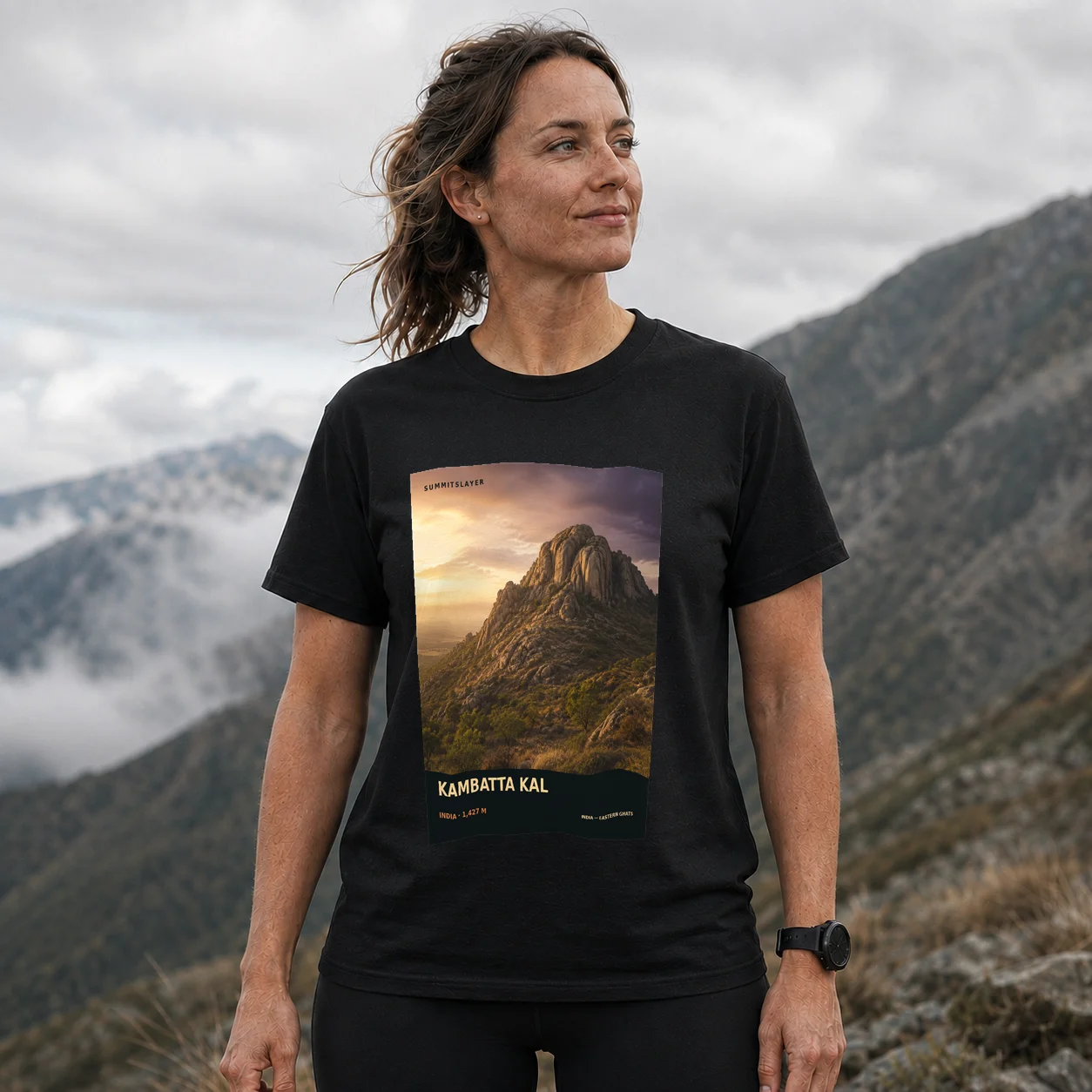 Black Kambatta Kal T-shirt front with mountain artwork