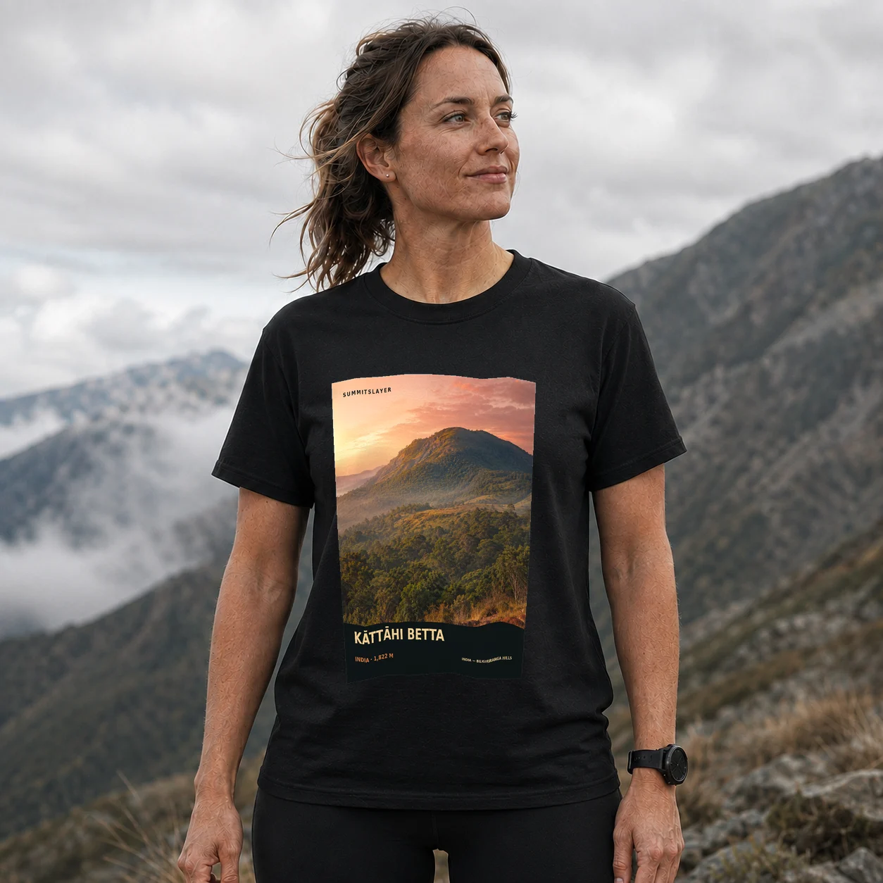 Black Kāttāhi Betta T-shirt front with mountain artwork