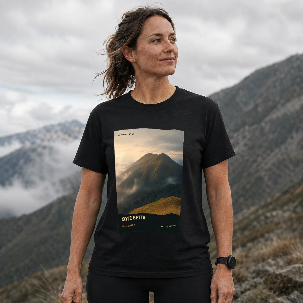 Black Kote Betta T-shirt front with mountain artwork