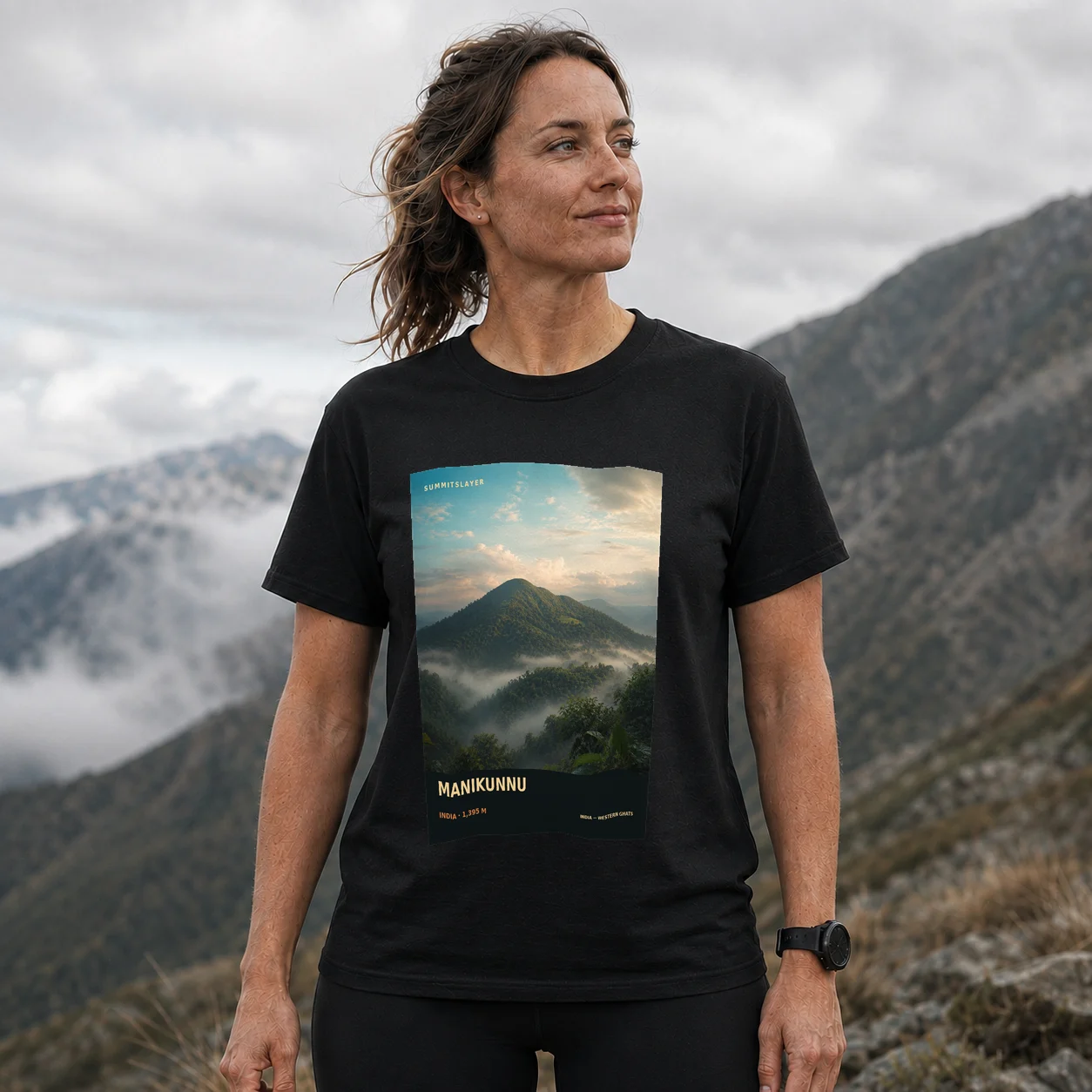 Black Manikunnu T-shirt front with mountain artwork