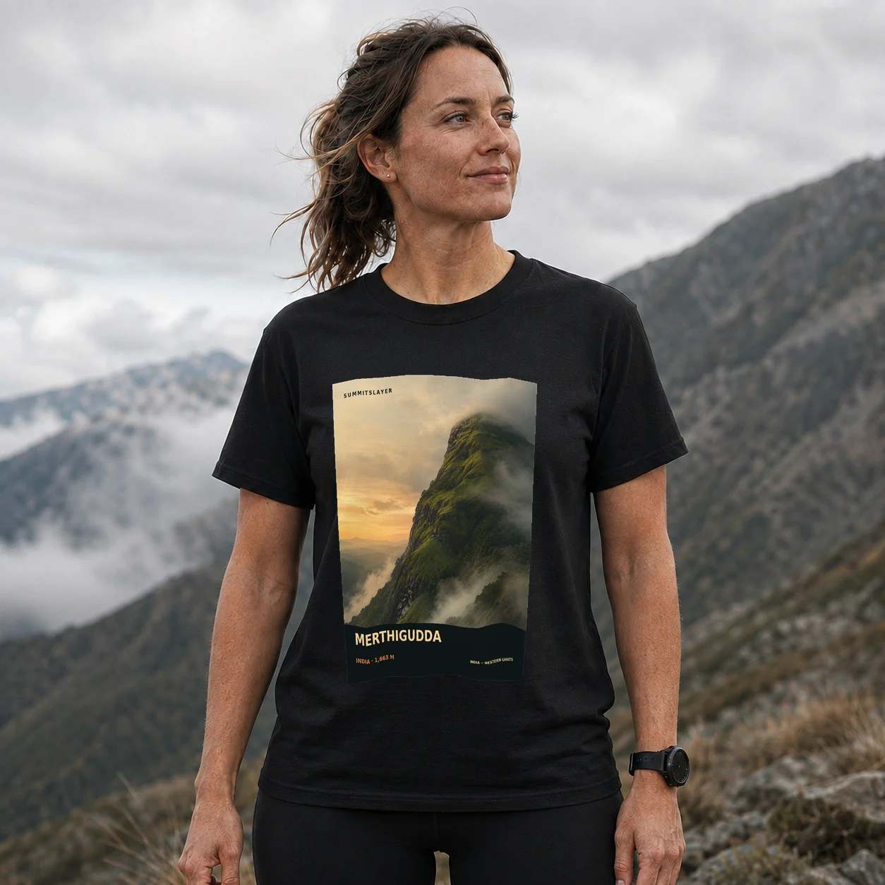 Black Mertiparvata T-shirt front with mountain artwork