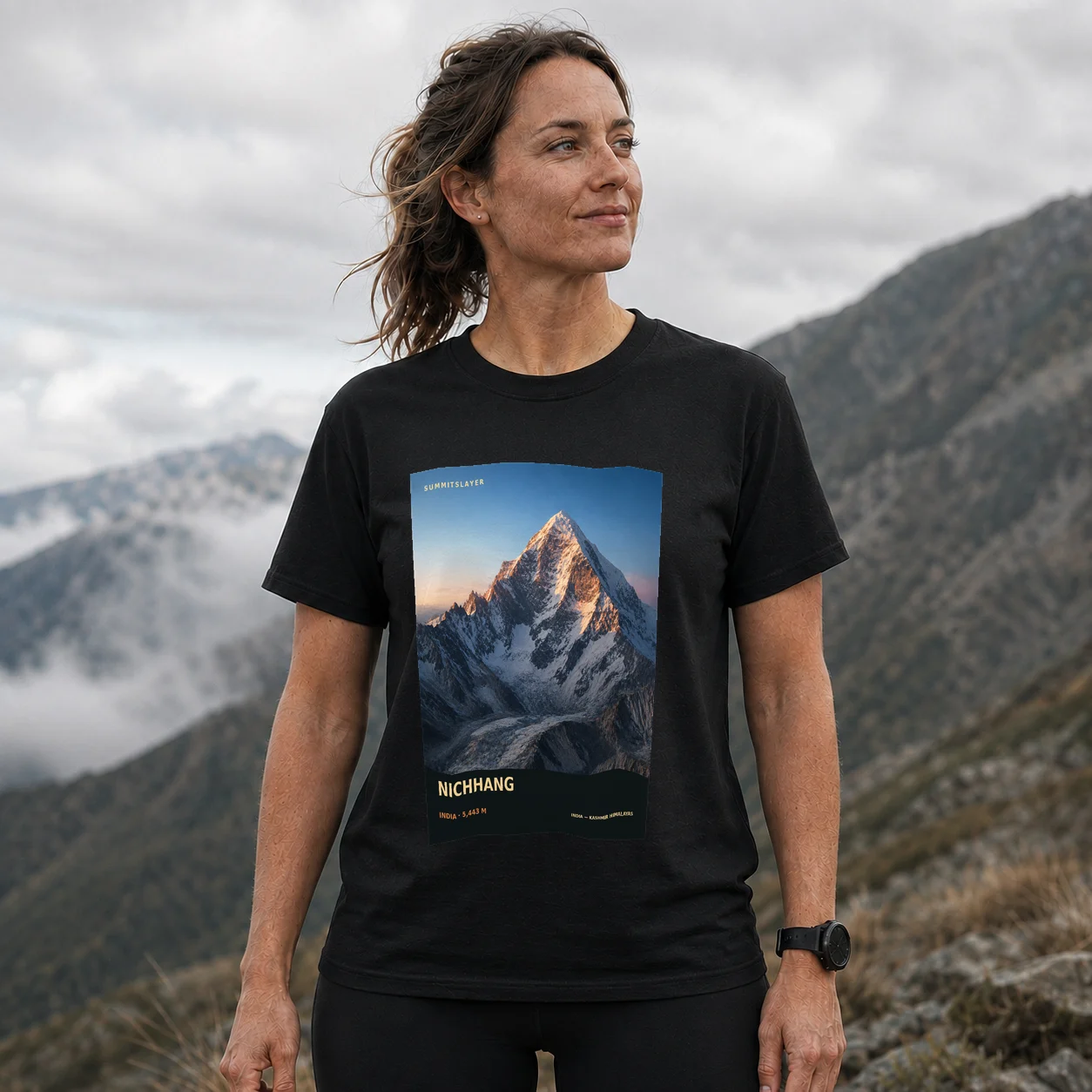 Black Nichhāng T-shirt front with mountain artwork