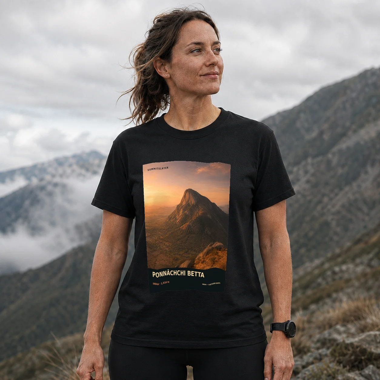 Black Ponnāchchi Betta T-shirt front with mountain artwork