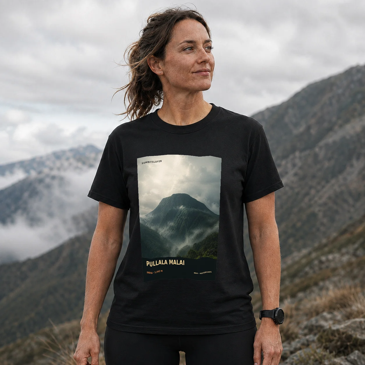 Black Pullala Malai T-shirt front with mountain artwork