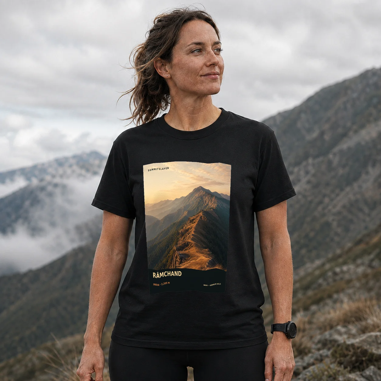 Black Rāmchand T-shirt front with mountain artwork