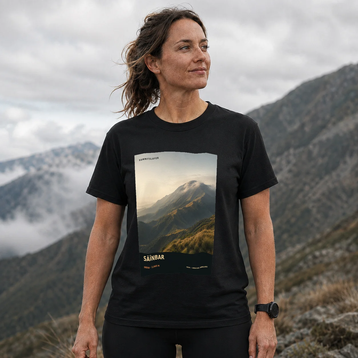 Black Sāīnbar T-shirt front with mountain artwork