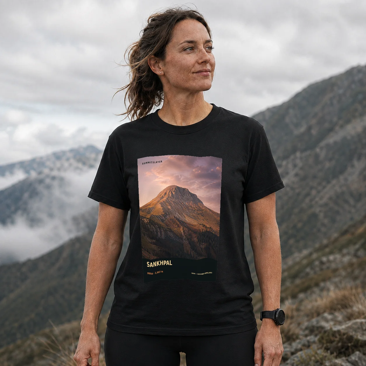 Black Sankhpāl T-shirt front with mountain artwork