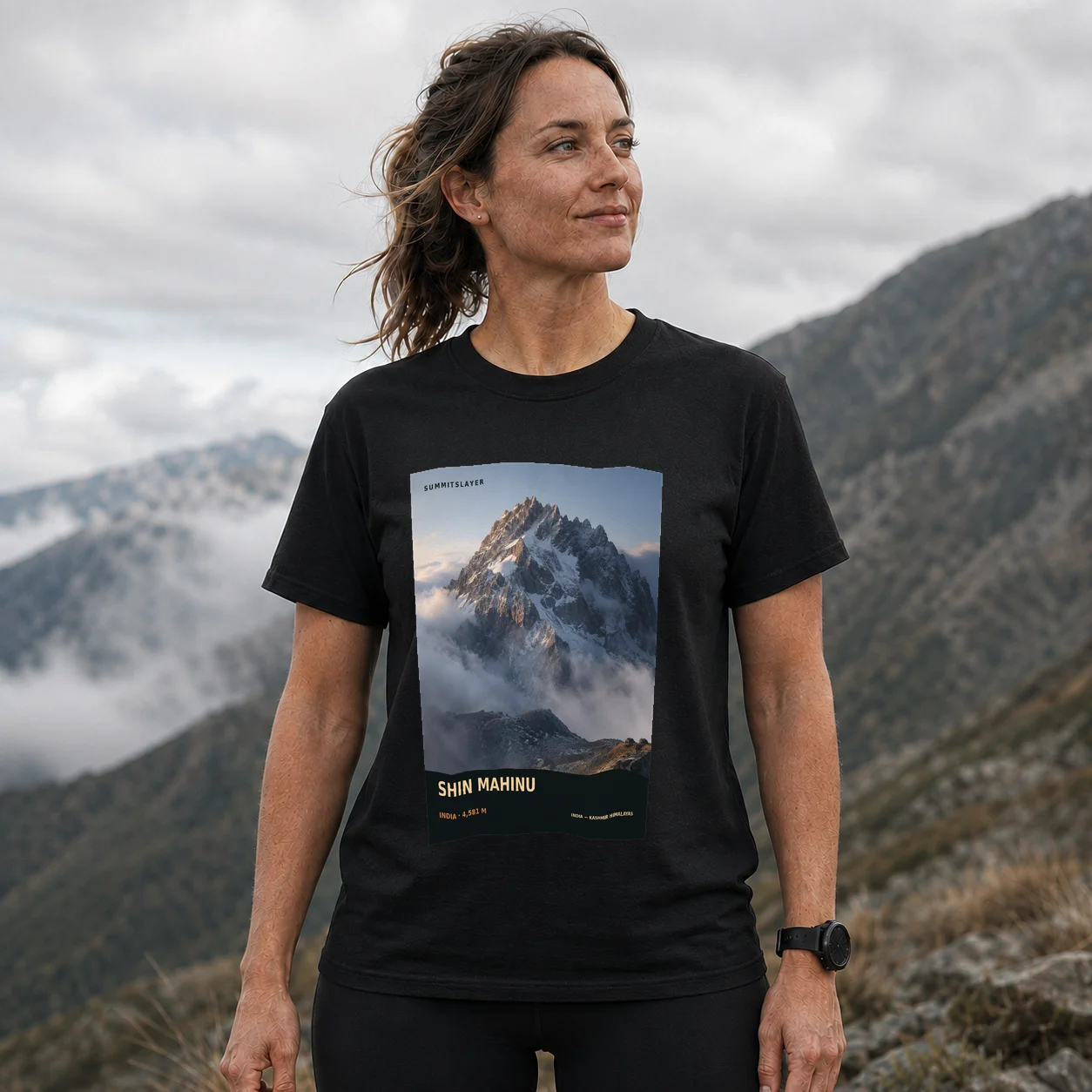 Black SHIN MAHINU T-shirt front with mountain artwork