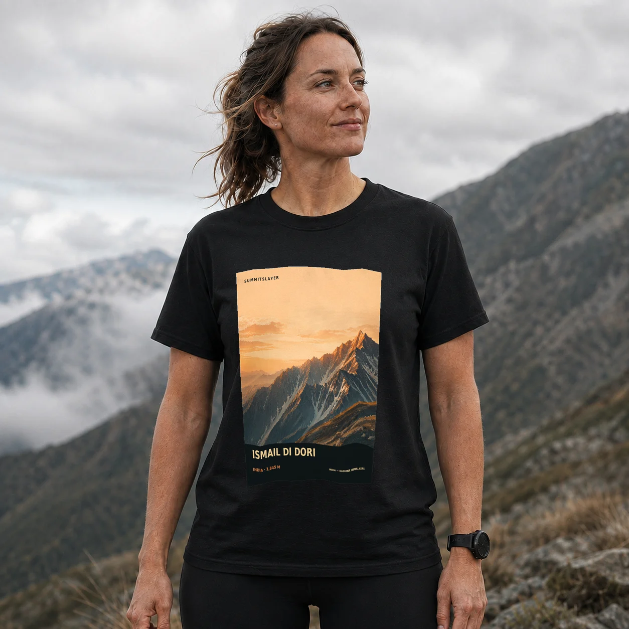 Black Iamāil-di-Dori T-shirt front with mountain artwork