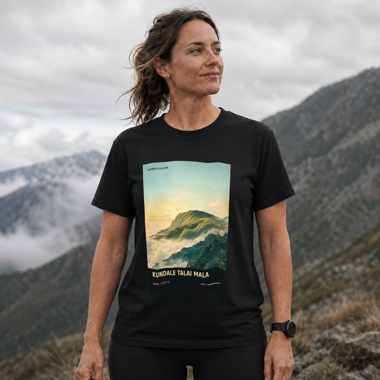 Black Kundale Talai Malai T-shirt front with mountain artwork
