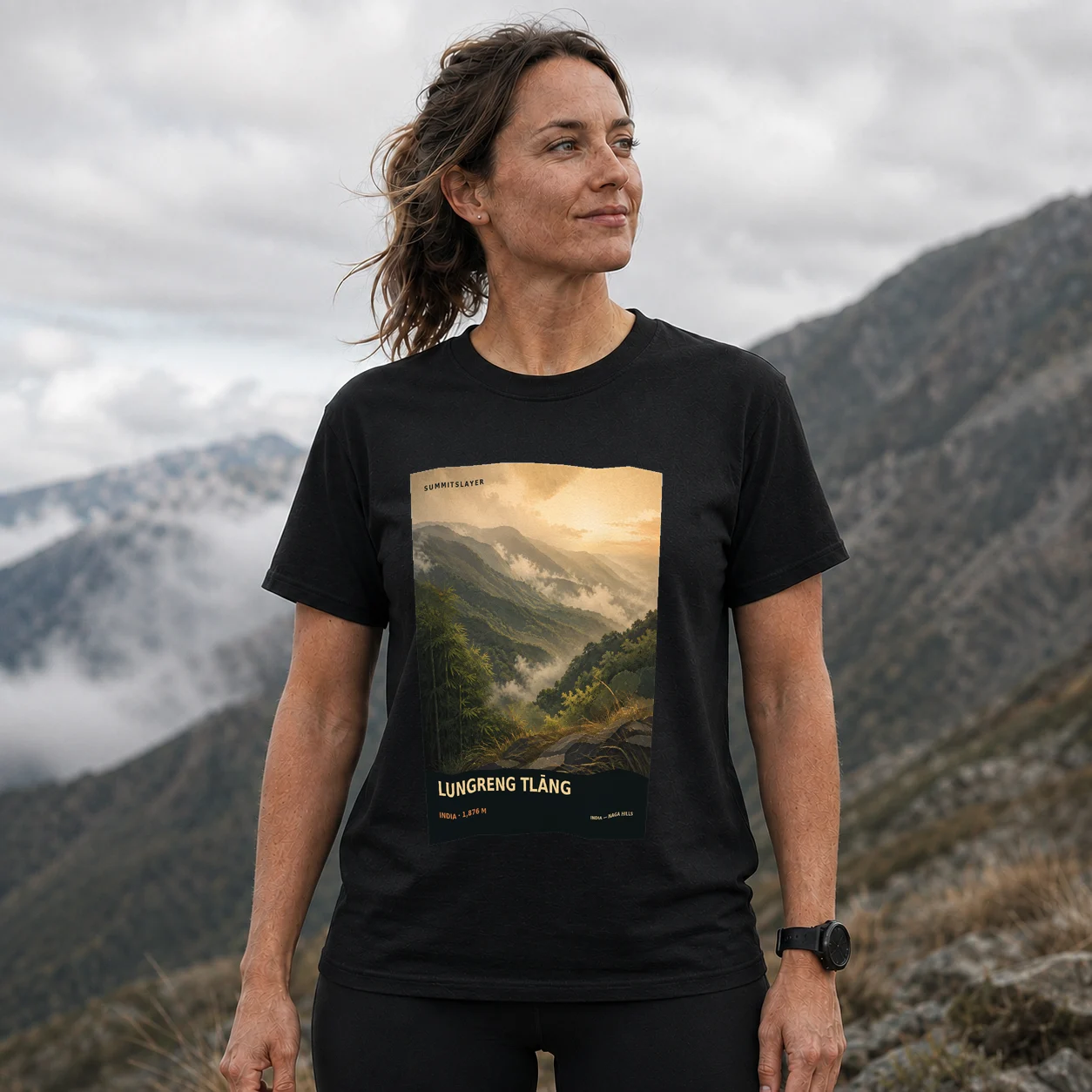 Black Lungreng Tlāng T-shirt front with mountain artwork