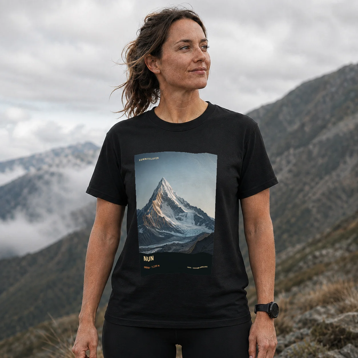 Black Nunkun T-shirt front with mountain artwork