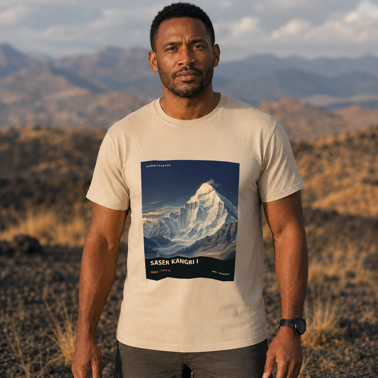 Sand Saser Kangri T-shirt front with mountain artwork