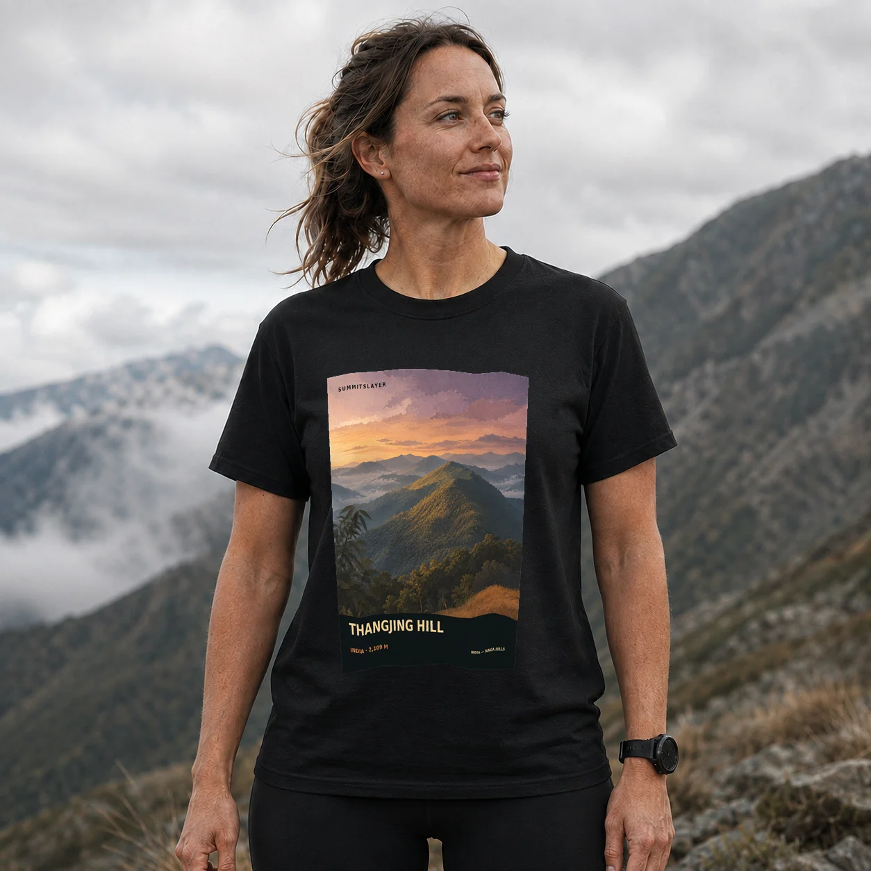 Black Thangjing Hill T-shirt front with mountain artwork