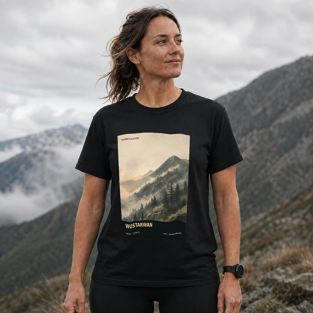 Black Wustarwan T-shirt front with mountain artwork