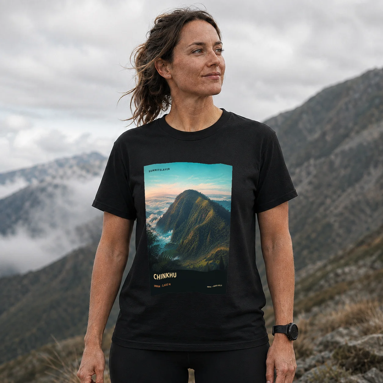 Black Chinkhu T-shirt front with mountain artwork