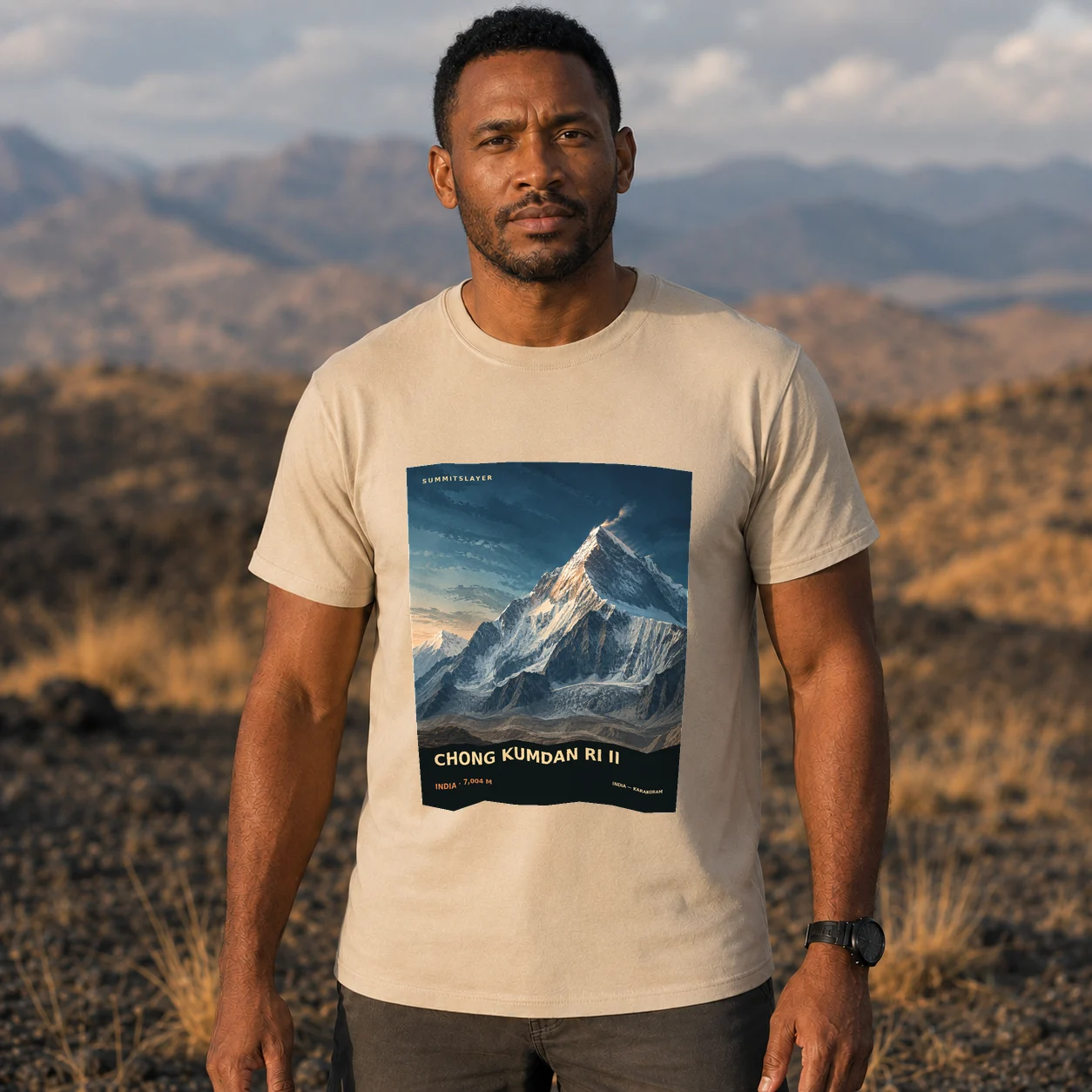 Sand Chong Kundam Kangri II T-shirt front with mountain artwork