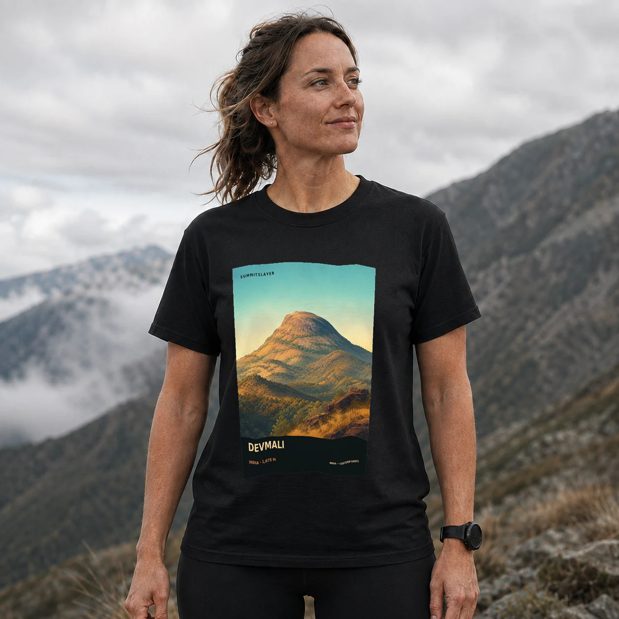 Black Devmāli Parbat T-shirt front with mountain artwork