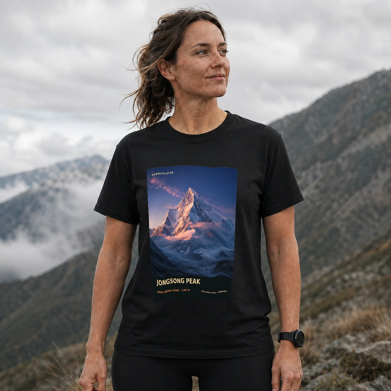 Black Jongsong Peak T-shirt front with mountain artwork