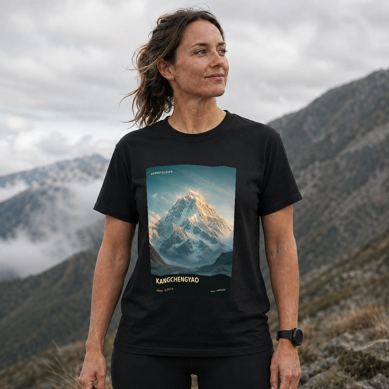 Black Khangchengyao T-shirt front with mountain artwork