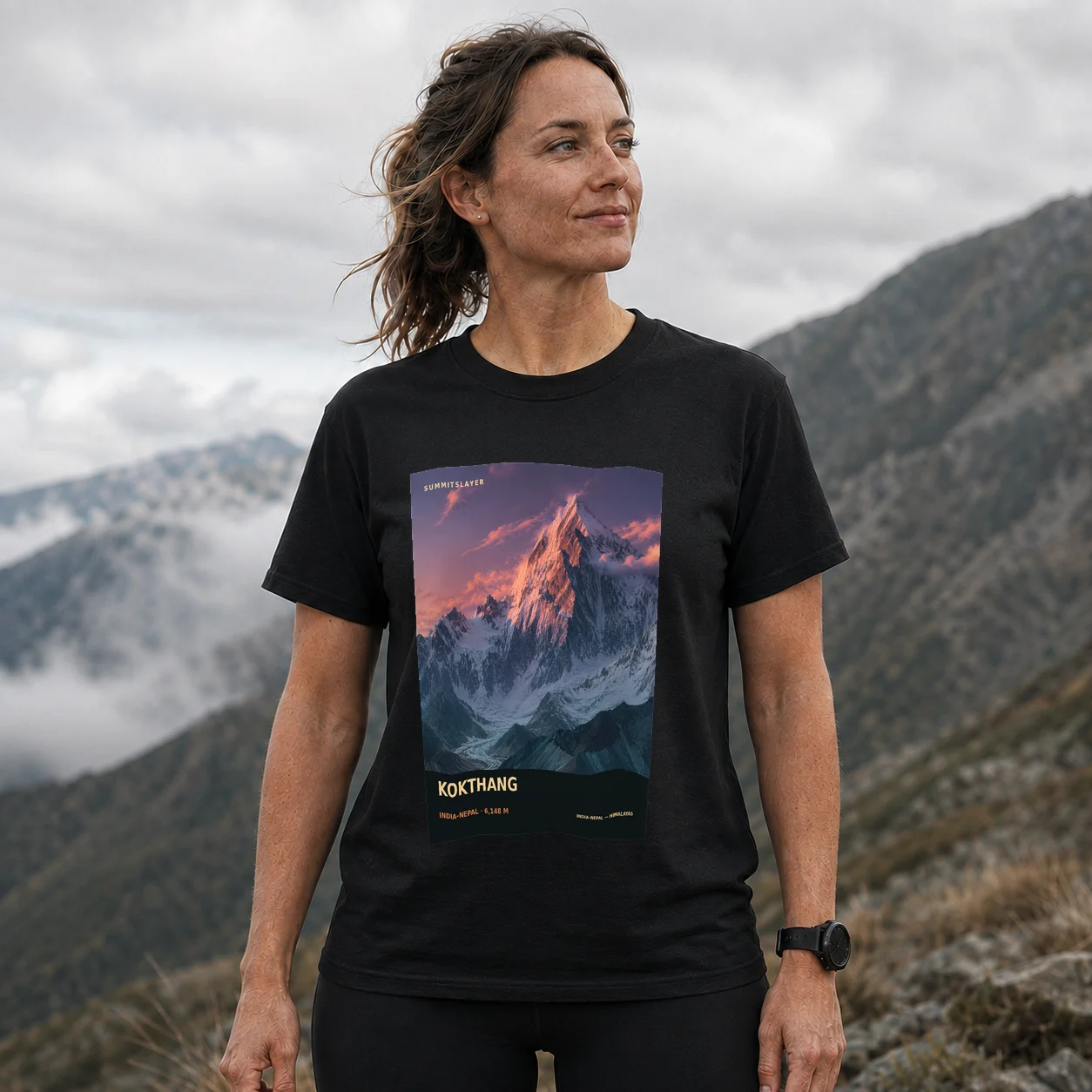 Black Kokthang T-shirt front with mountain artwork