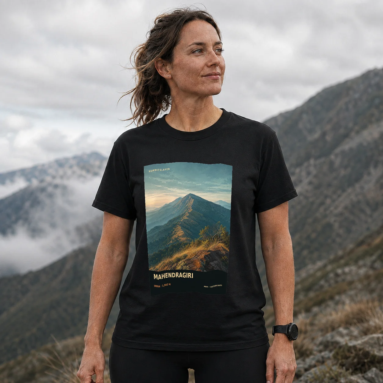 Black Mahendra Giri T-shirt front with mountain artwork
