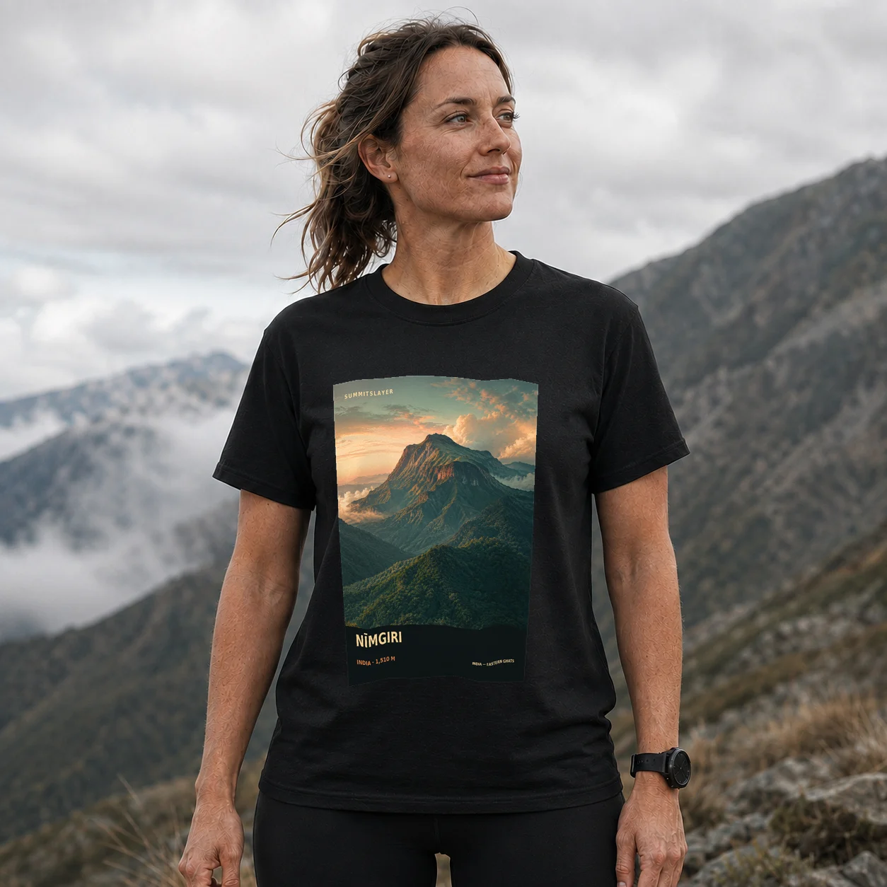 Black Nīmgiri T-shirt front with mountain artwork