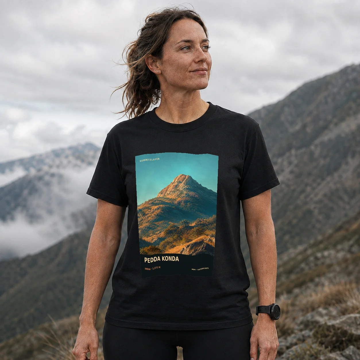 Black Pedda Konda T-shirt front with mountain artwork