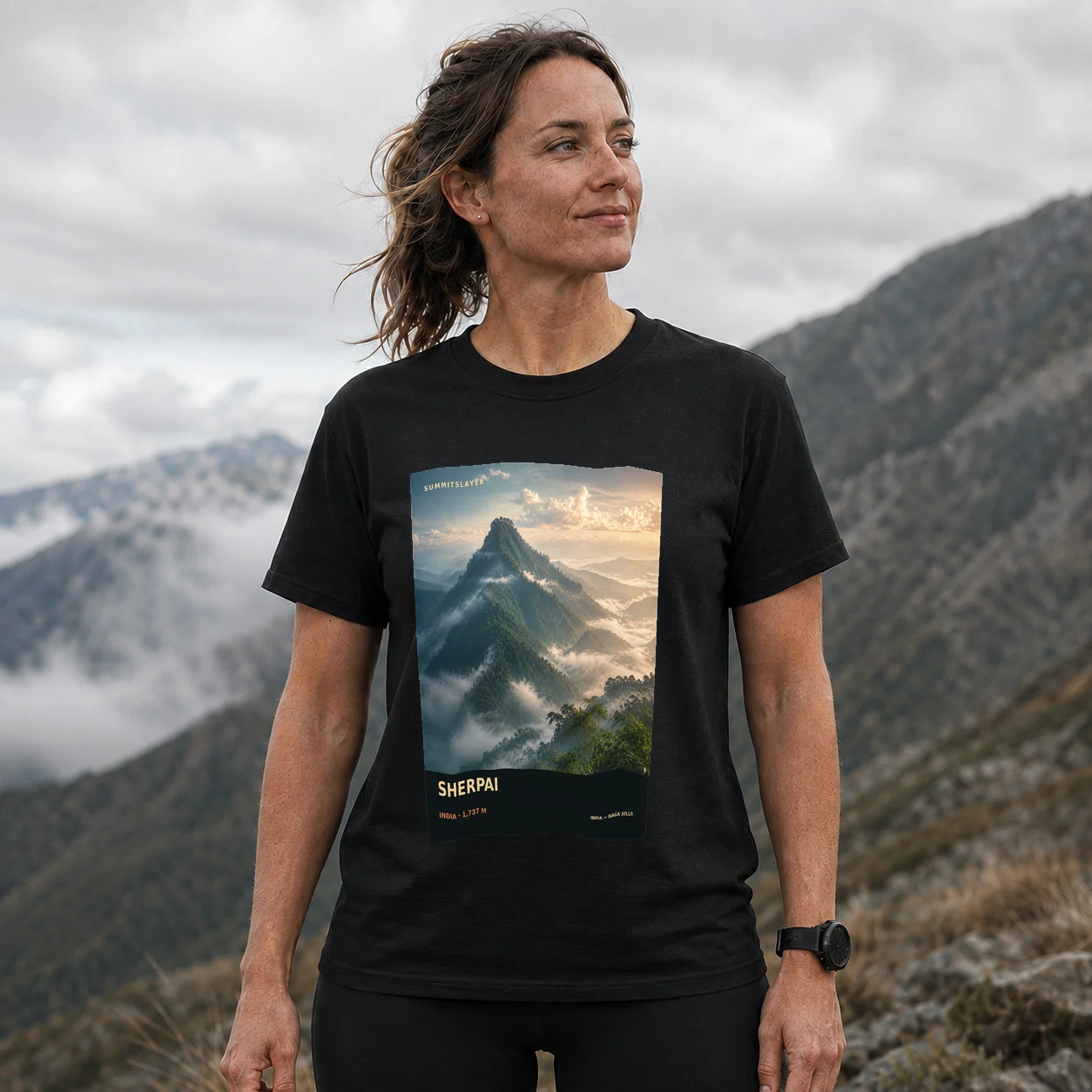Black Sherpai T-shirt front with mountain artwork