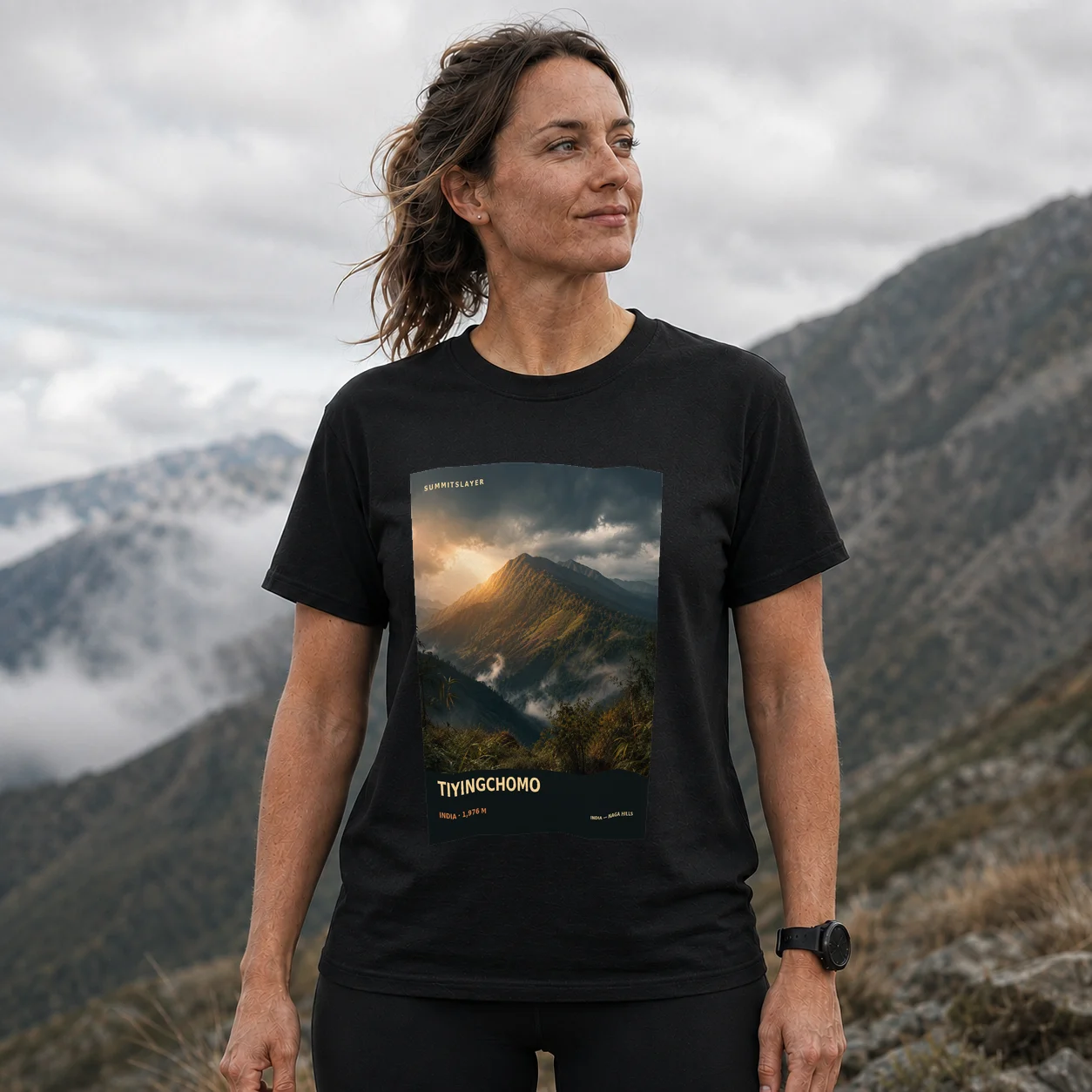 Black Tiyingchomo T-shirt front with mountain artwork