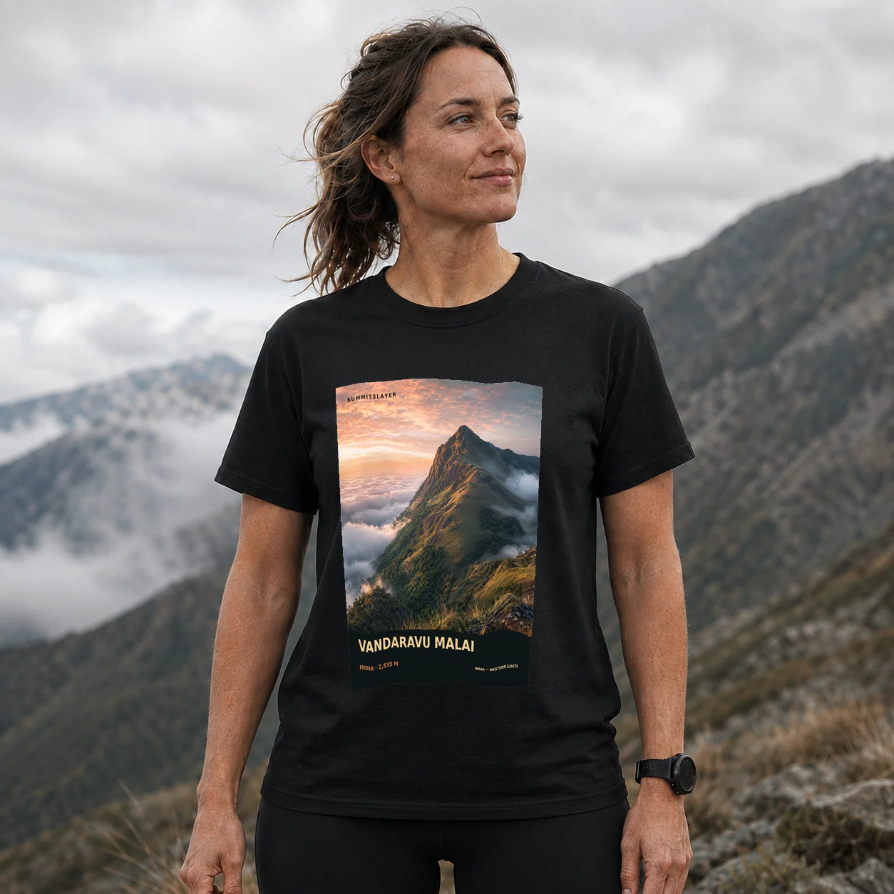 Black Vandaravu Hill T-shirt front with mountain artwork