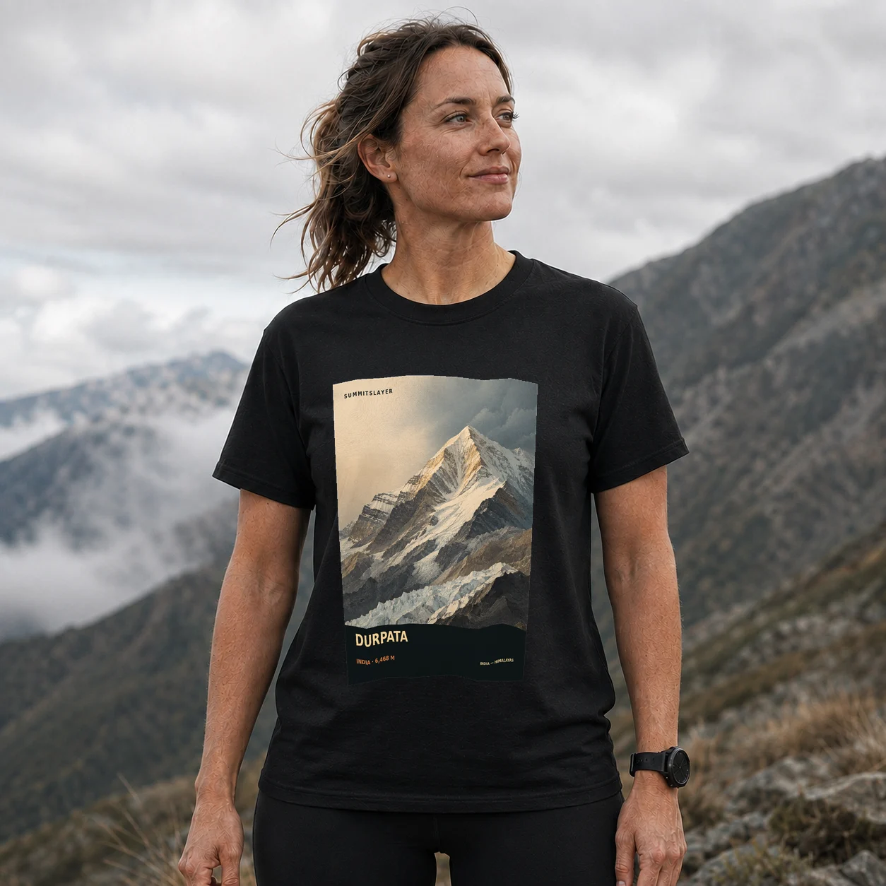 Black Dūrpata T-shirt front with mountain artwork