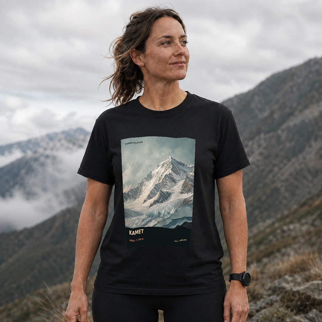 Black Kāmet T-shirt front with mountain artwork