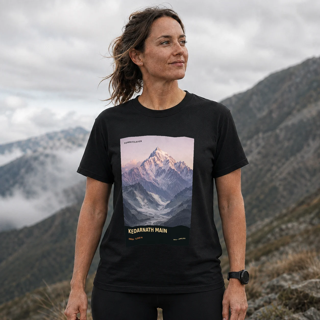 Black Kedarnath T-shirt front with mountain artwork