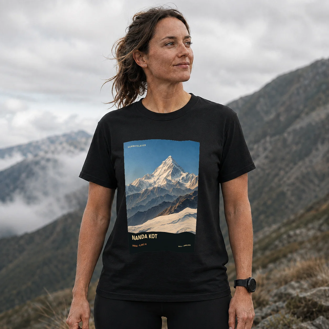 Black Nanda Kot T-shirt front with mountain artwork