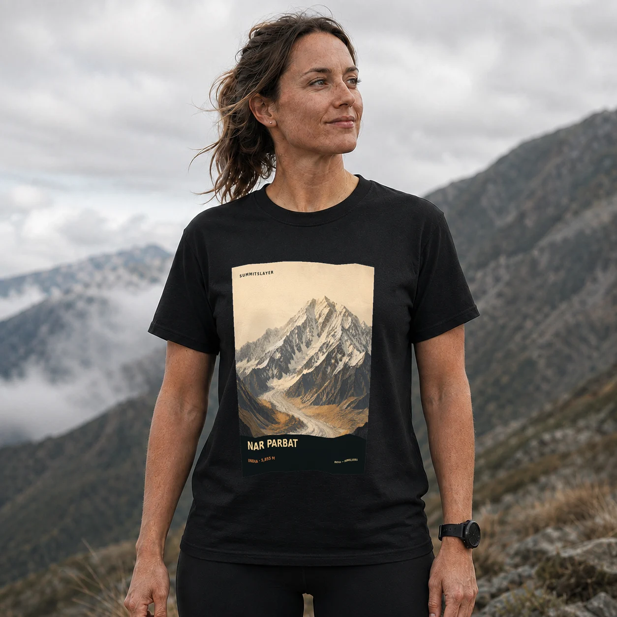 Black Nar Parbat T-shirt front with mountain artwork