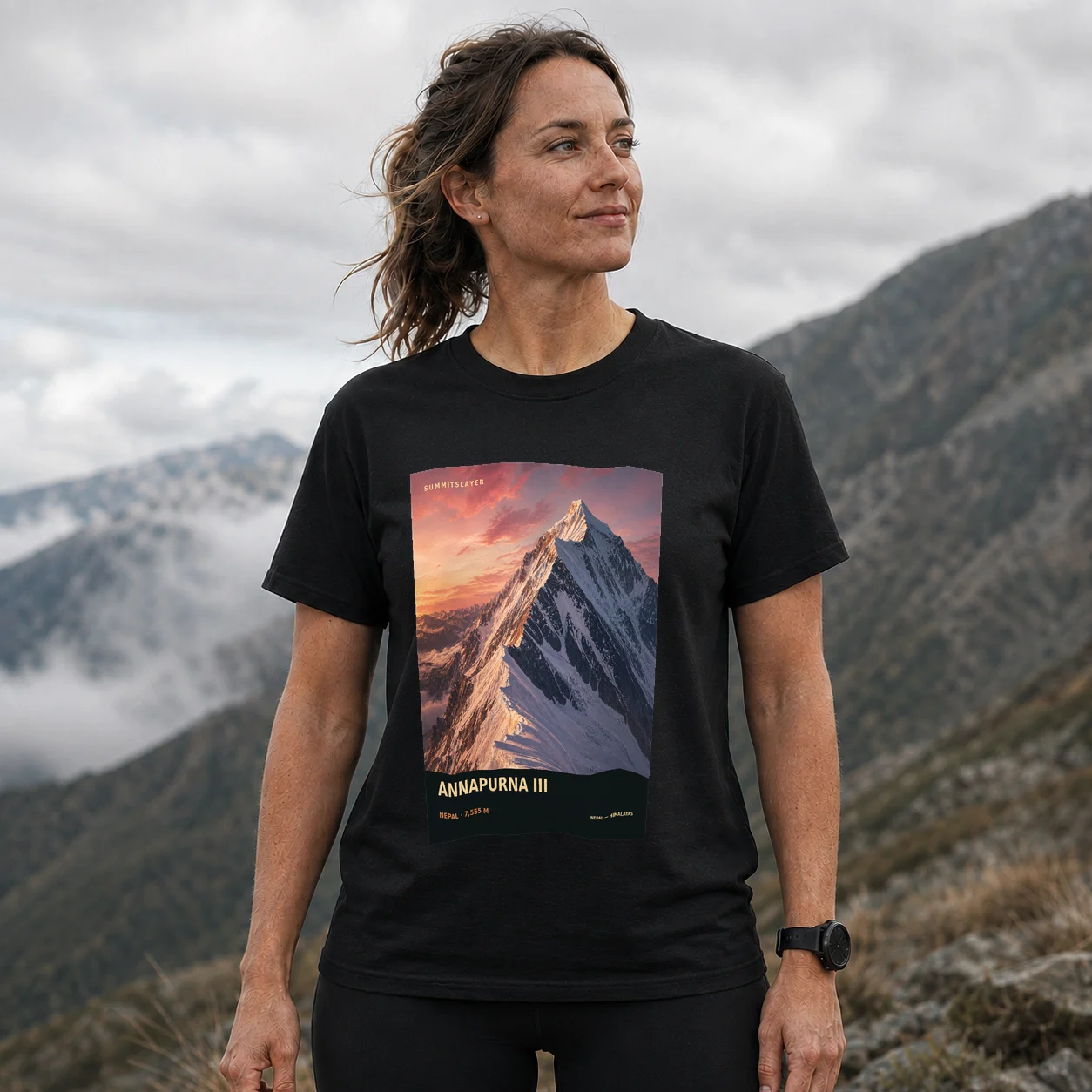 Black Annapurna III T-shirt front with mountain artwork