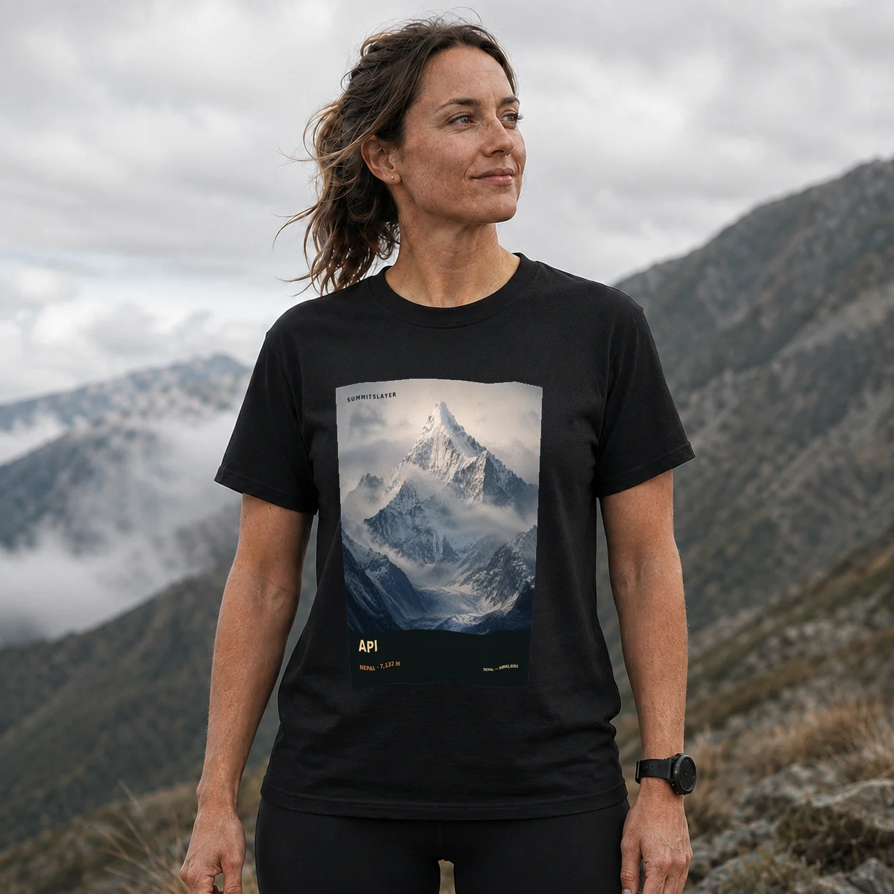 Black Api T-shirt front with mountain artwork
