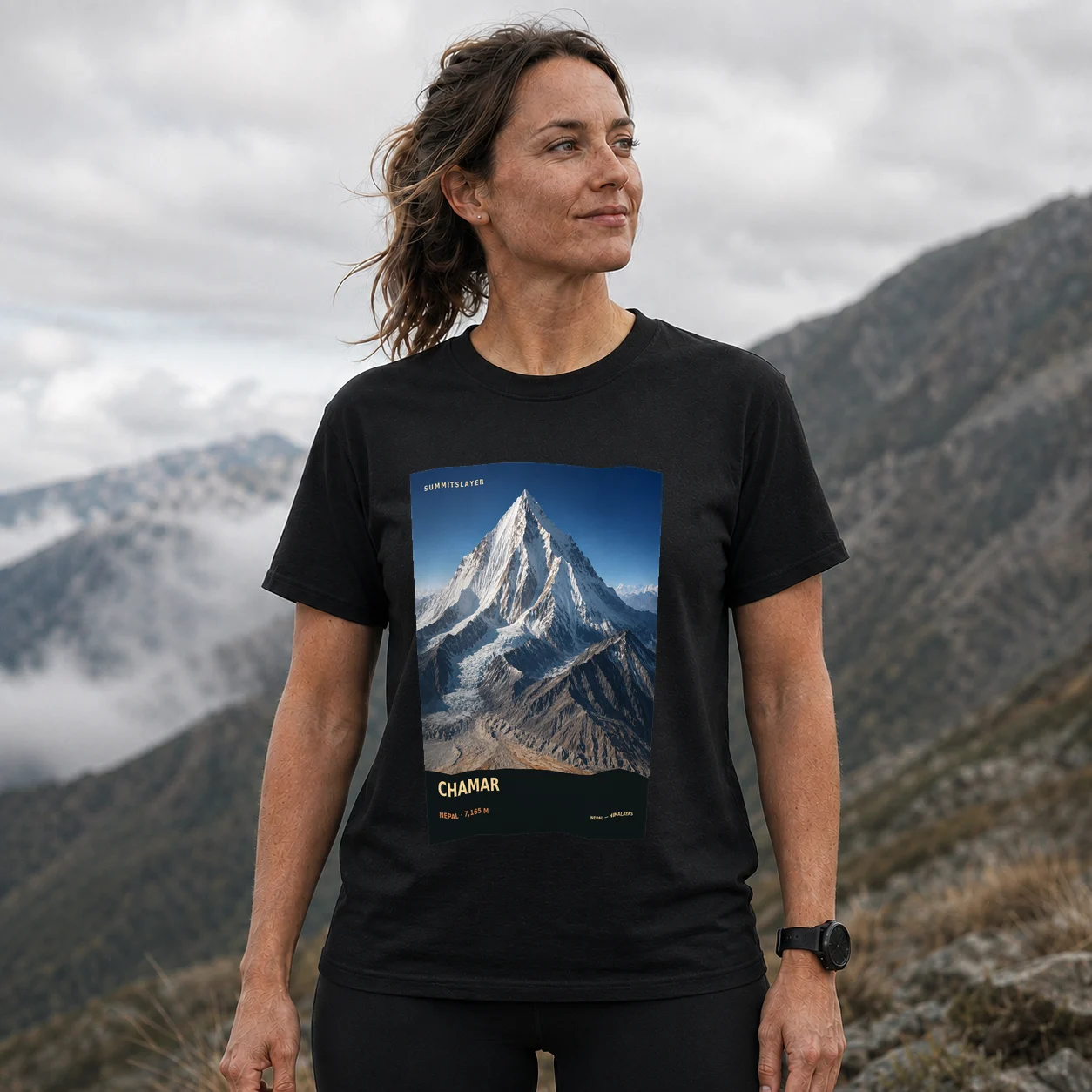 Black Chamar T-shirt front with mountain artwork