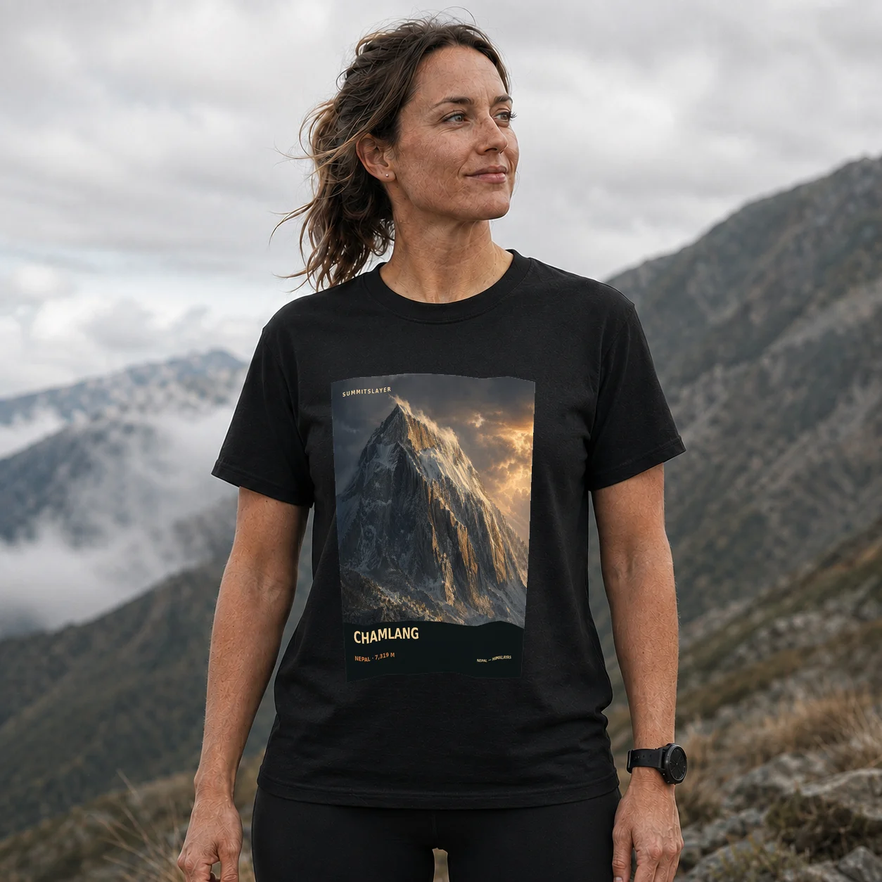 Black Chamlang T-shirt front with mountain artwork