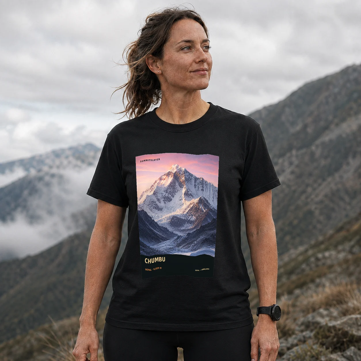 Black Chumbu T-shirt front with mountain artwork