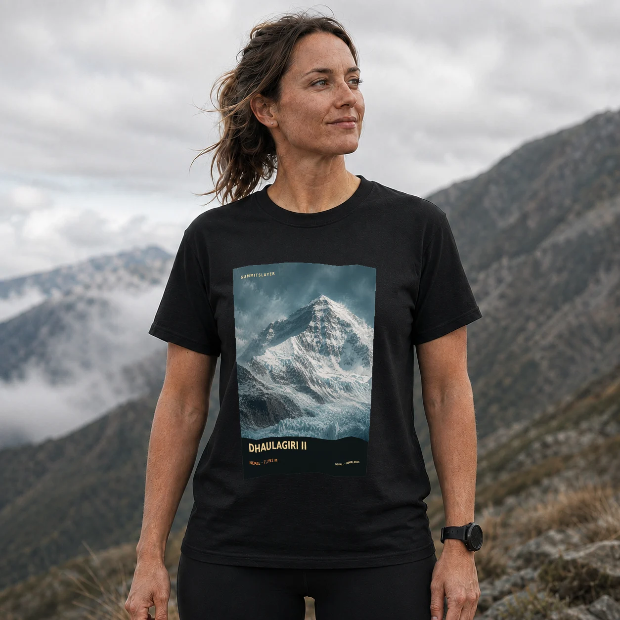 Black Dhaulagiri II T-shirt front with mountain artwork