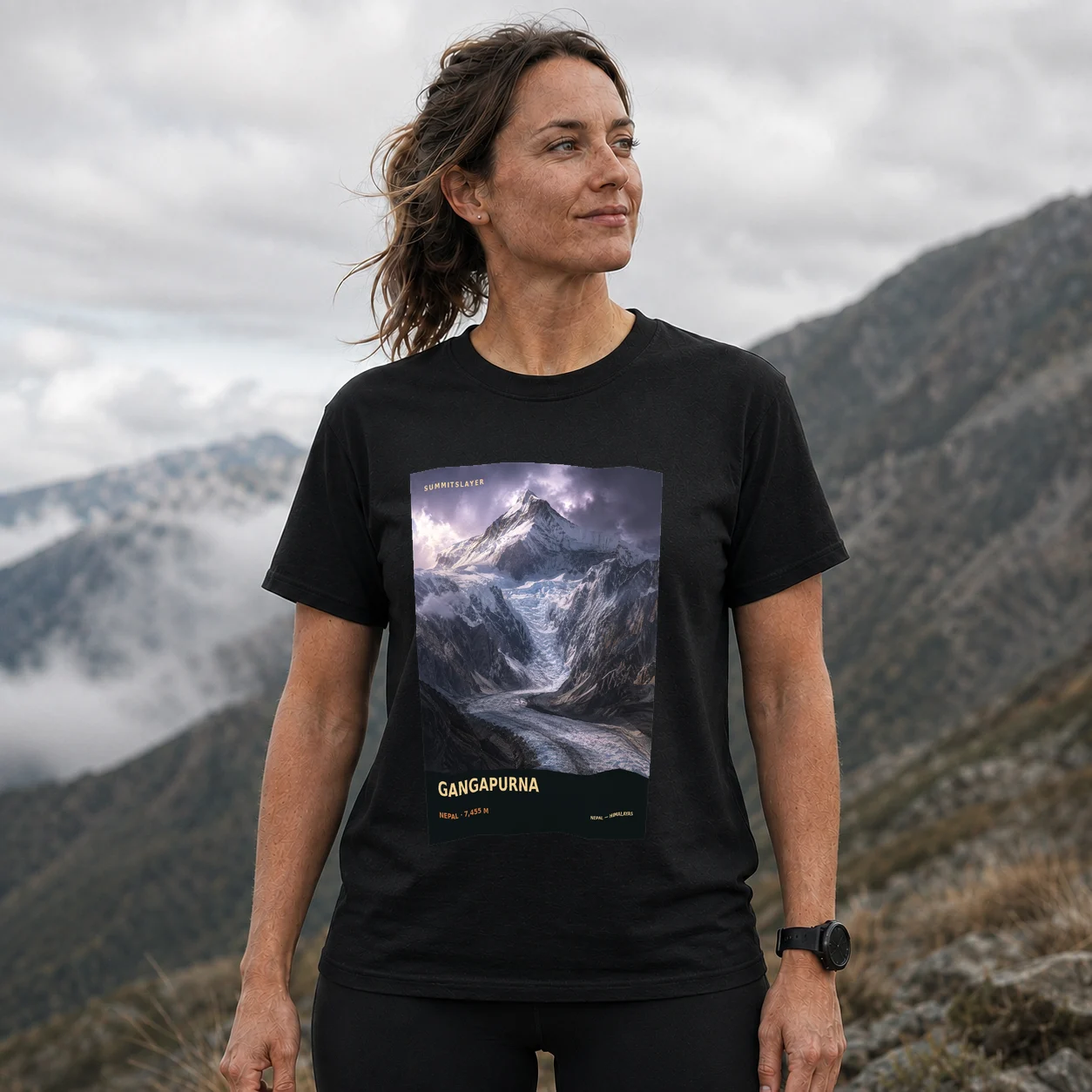 Black Gangapurna T-shirt front with mountain artwork