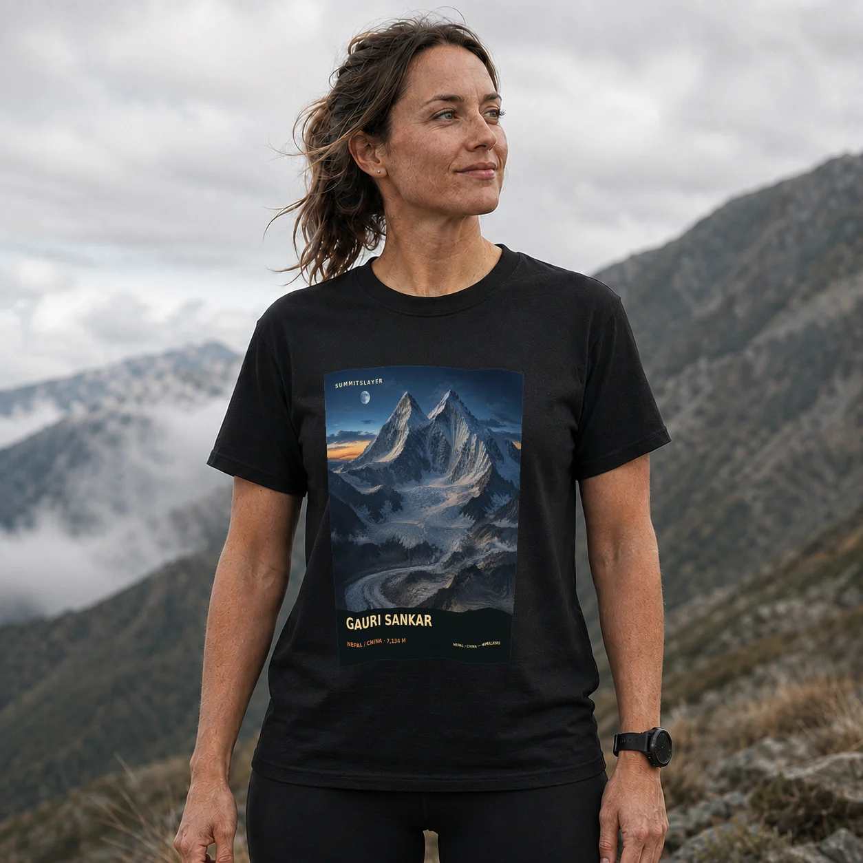 Black Gauri Sankar T-shirt front with mountain artwork