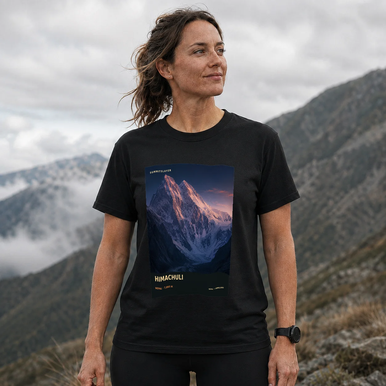 Black Himāl Chūli T-shirt front with mountain artwork