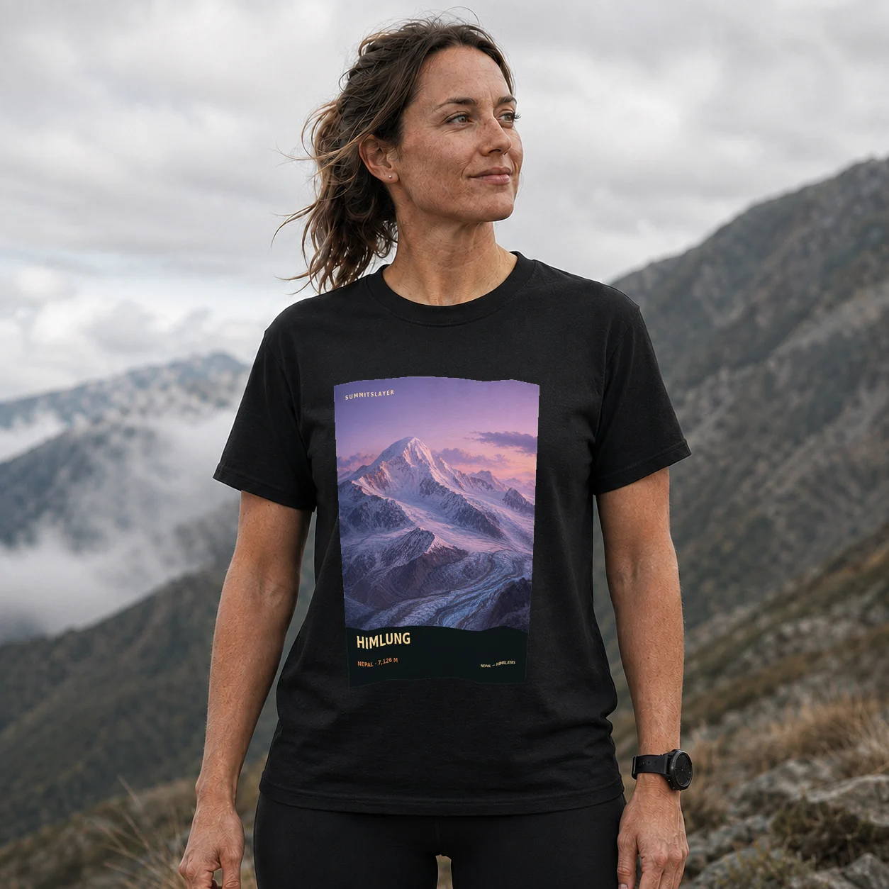 Black Himluṅ T-shirt front with mountain artwork