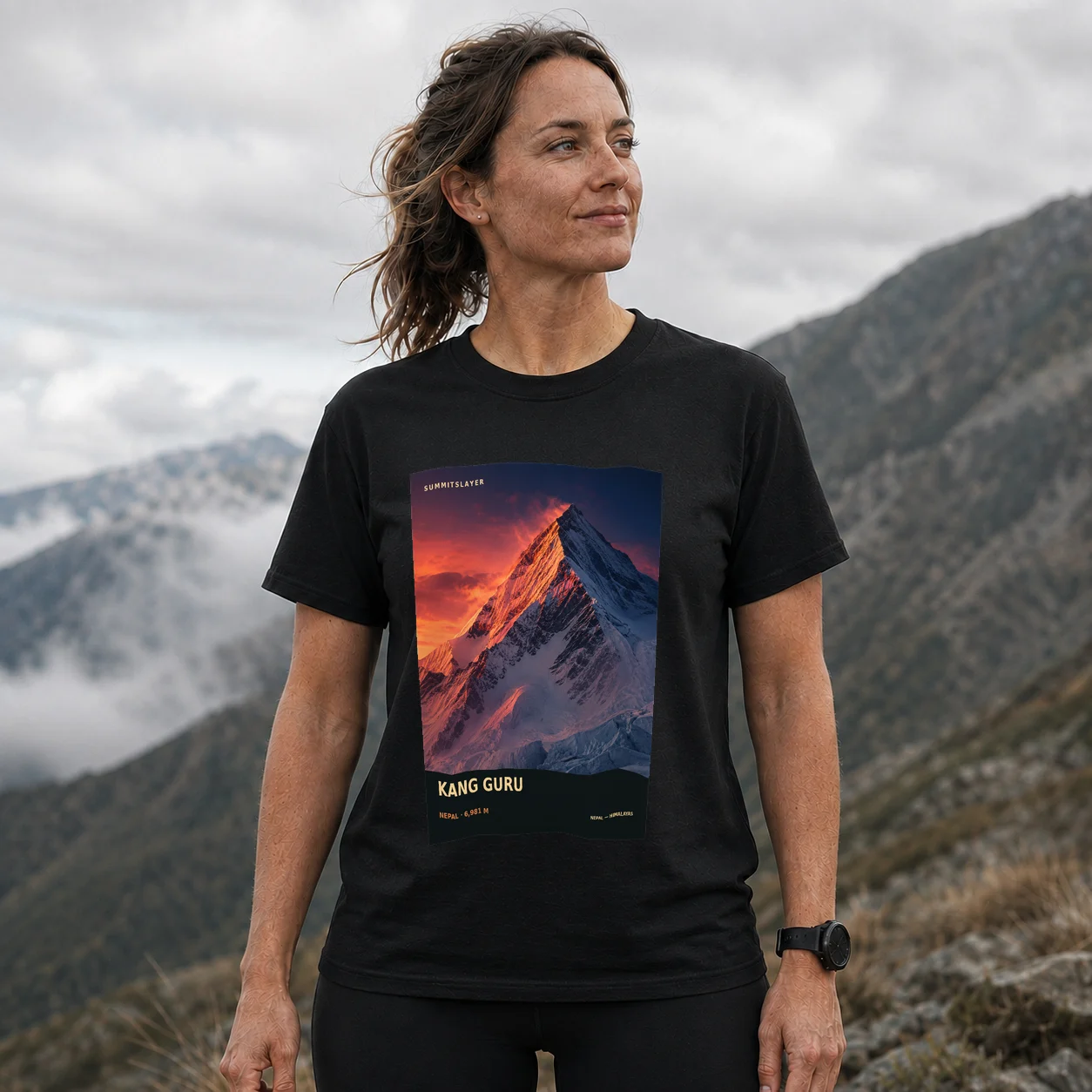 Black Kāṅgāru Himāl T-shirt front with mountain artwork