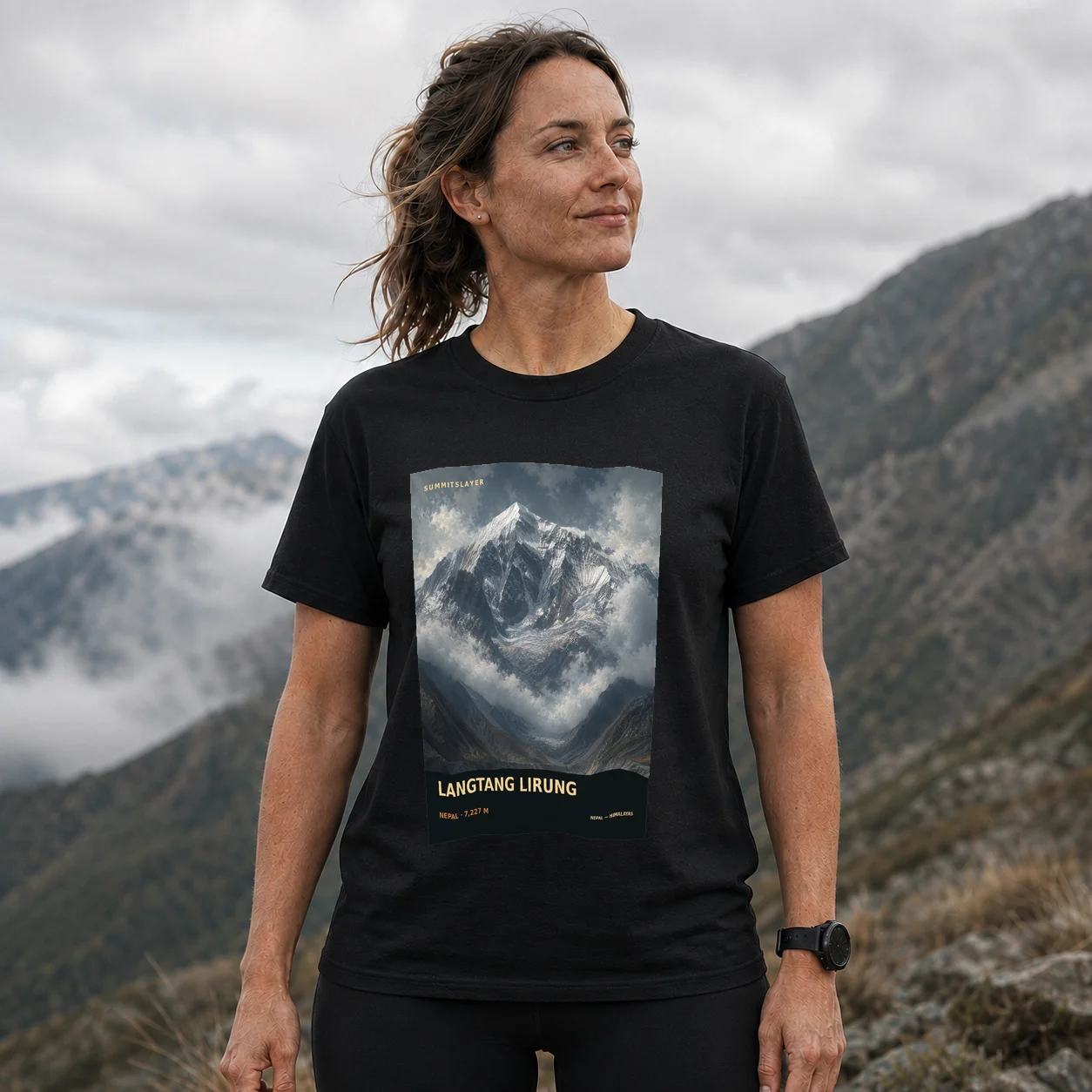Black Lāngtāng Lirung T-shirt front with mountain artwork