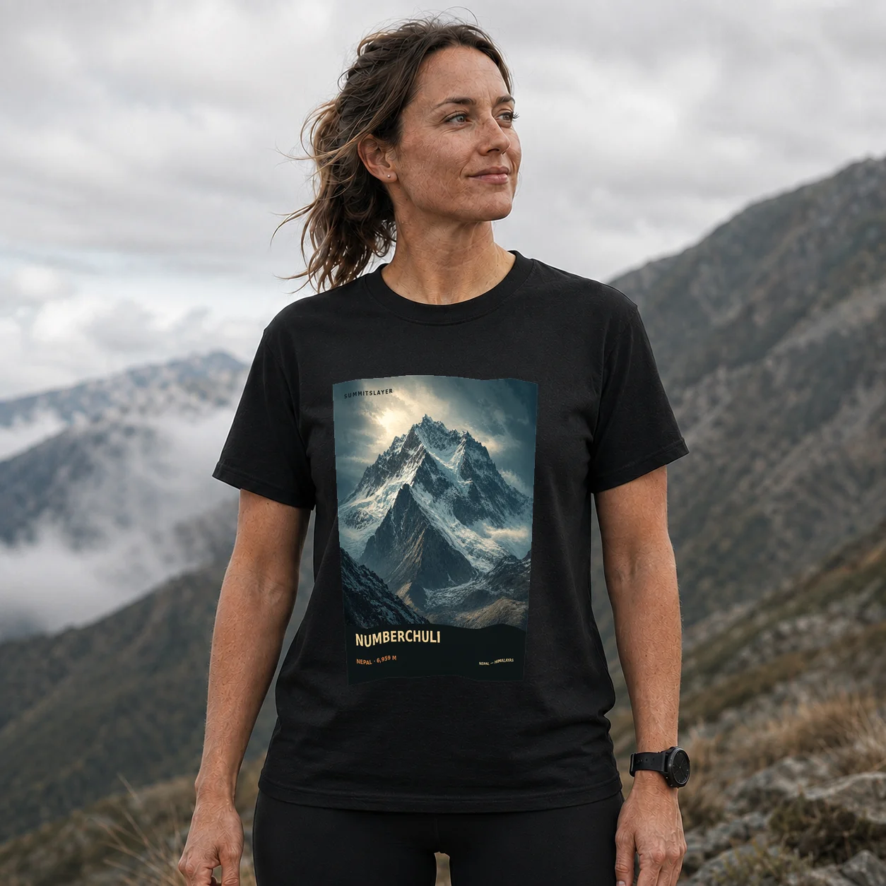 Black Numbur T-shirt front with mountain artwork